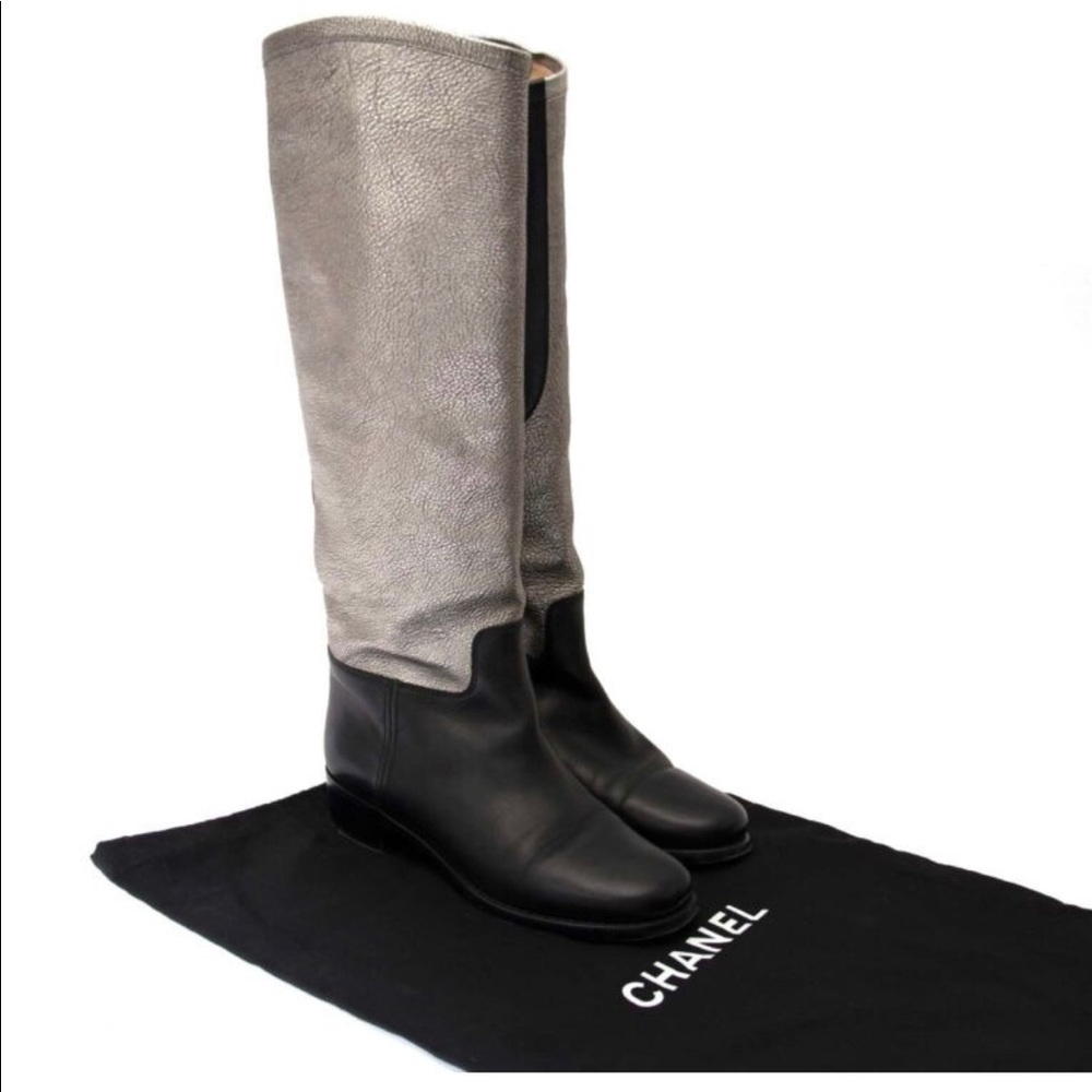 Chanel black and silver leather  boots
